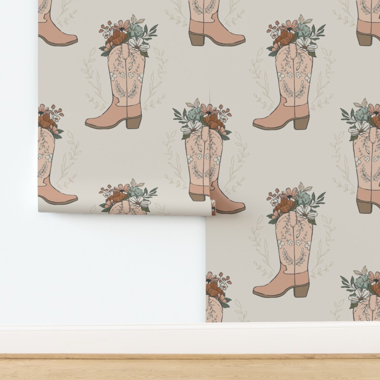 Cowgirl Boots Pink Beige Boho Muted Flowers Southwestern Autumn Fall Custom Removable Wallpaper by Spoonflower Peel & Stick Wallpaper 2FT Wide